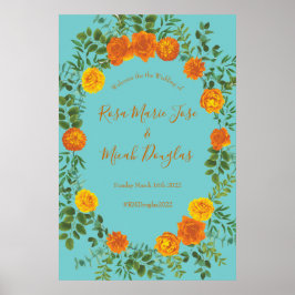 Orange & Aqua Wedding Modern Floral Poster