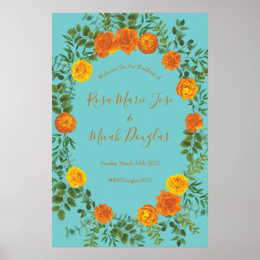 Orange & Aqua Wedding Modern Floral Poster (Vorne)