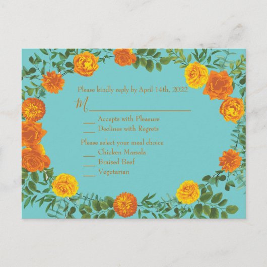 Orange & Aqua Wedding Modern Floral Postkarte (Vorderseite)