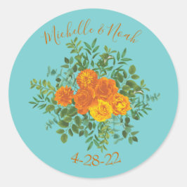 Orange & Aqua Wedding Modern Floral Runder Aufkleber