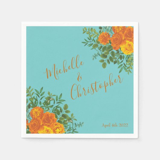 Orange & Aqua Wedding Modern Floral Serviette (Vorderseite)