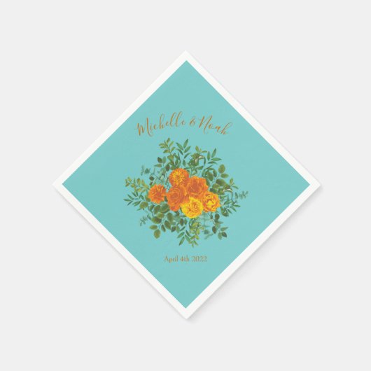Orange & Aqua Wedding Modern Floral Serviette (Ecke)