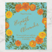 Orange & Aqua Wedding Modern Floral Weinetikett (Einzelnes Label)