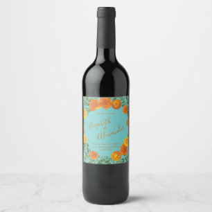 Orange & Aqua Wedding Modern Floral Weinetikett