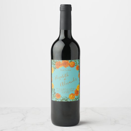 Orange & Aqua Wedding Modern Floral Weinetikett (Vorderseite)