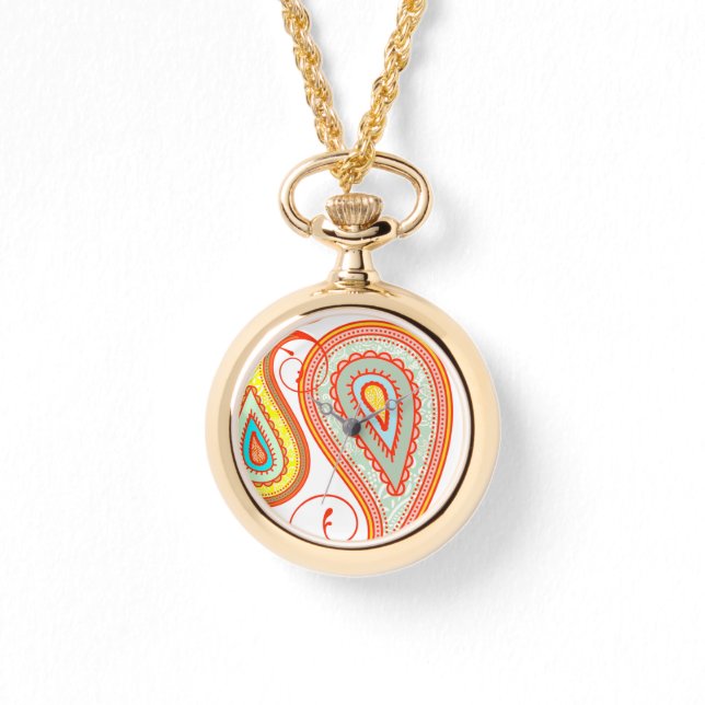 Orange Aqua Yellow Paisley Modernes Muster Armbanduhr (Vorderseite)