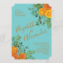 Orange & Aquamarin Aqua Peony & Rose Blumenzehen Einladung