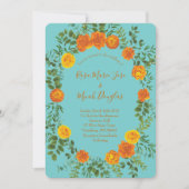 Orange Aquamarin Aqua Peony Rose Blumenzwiese Einladung (Vorderseite)