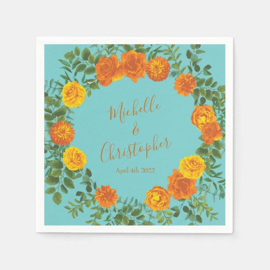 Orange Aquamarin Aqua Peony & Rose Hochzeit der Bl Serviette (Vorderseite)