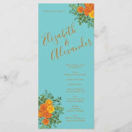 Orange Aquamarin Aqua Peony Rose Hochzeitsprogramm Menükarte (Vorderseite)