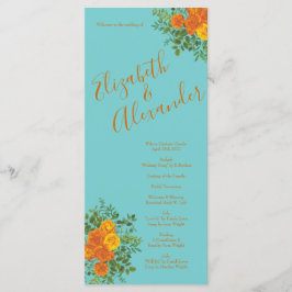 Orange Aquamarin Aqua Peony Rose Hochzeitsprogramm Menükarte