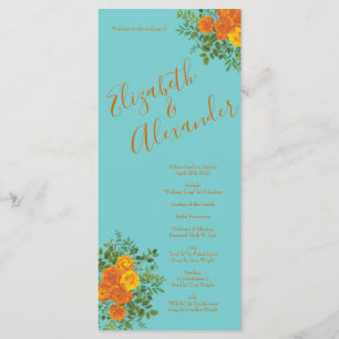 Orange Aquamarin Aqua Peony Rose Hochzeitsprogramm Menükarte