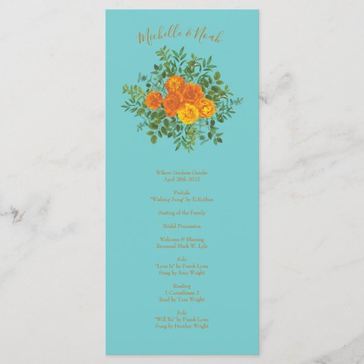 Orange Aquamarin Aqua Peony Rose Hochzeitsprogramm Menükarte (Vorderseite)
