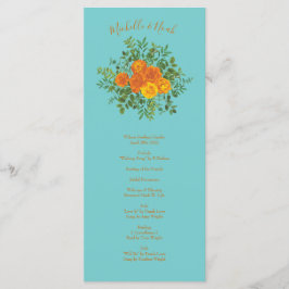 Orange Aquamarin Aqua Peony Rose Hochzeitsprogramm Menükarte