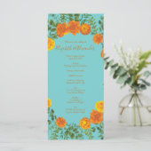 Orange Aquamarin Aqua Peony Rose Hochzeitsprogramm Menükarte (Stehend Vorderseite)