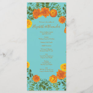 Orange Aquamarin Aqua Peony Rose Hochzeitsprogramm Menükarte