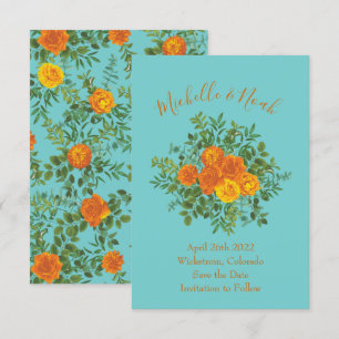 Orange & Aquamarin Aqua Peony Rose Hochzeitstag Re Einladung