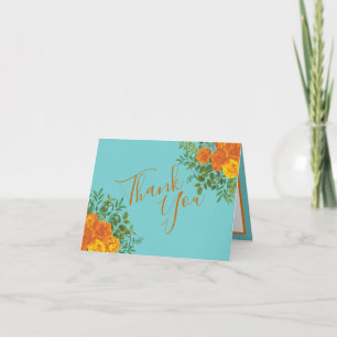 Orange & Aquamarin Aqua Peony Rose Wedding Vielen  Dankeskarte