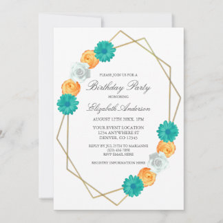 Orange Aquamarin Floral Geometric Geburtstag Einladung