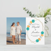Orange Aquamarin Floral Geometric Wedding Dankeskarte (Stehend Vorderseite)