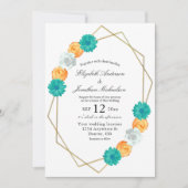 Orange Aquamarin Floral Geometric Wedding Einladung (Vorderseite)