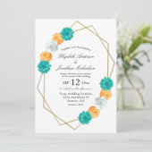 Orange Aquamarin Floral Geometric Wedding Einladung (Stehend Vorderseite)