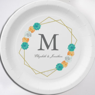 Orange Aquamarin Floral Geometric Wedding Pappteller