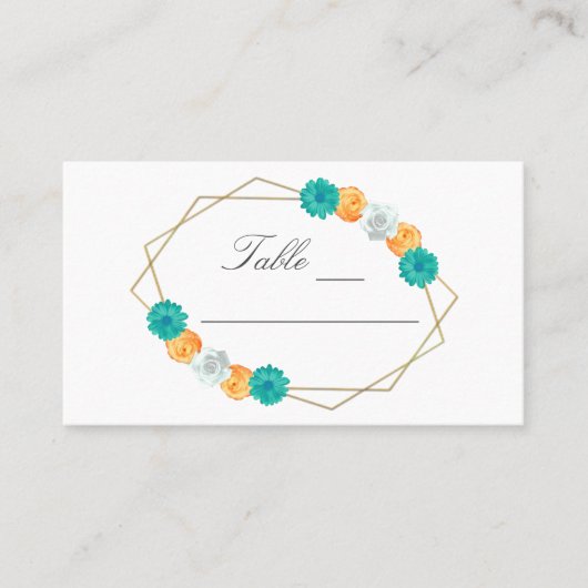 Orange Aquamarin Floral Geometric Wedding Platzkarte (Vorderseite)
