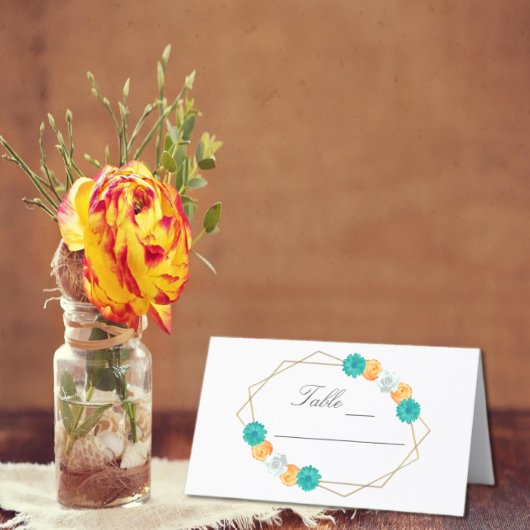Orange Aquamarin Floral Geometric Wedding Platzkarte