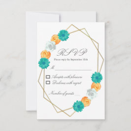 Orange Aquamarin Floral Geometric Wedding RSVP Karte