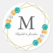 Orange Aquamarin Floral Geometric Wedding Runder Aufkleber (Vorderseite)