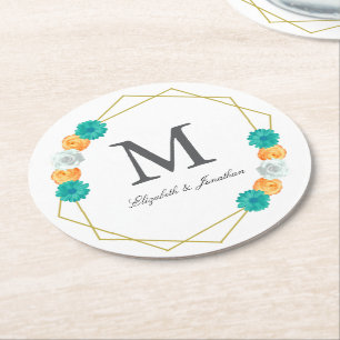 Orange Aquamarin Floral Geometric Wedding Runder Pappuntersetzer
