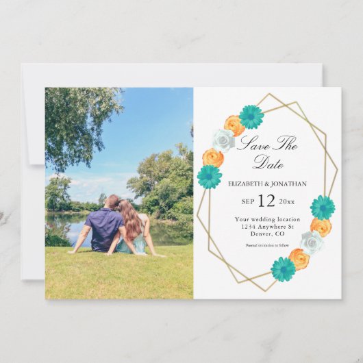 Orange Aquamarin Floral Geometric Wedding Save The Date (Vorderseite)