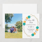Orange Aquamarin Floral Geometric Wedding Save The Date (Vorne/Hinten)