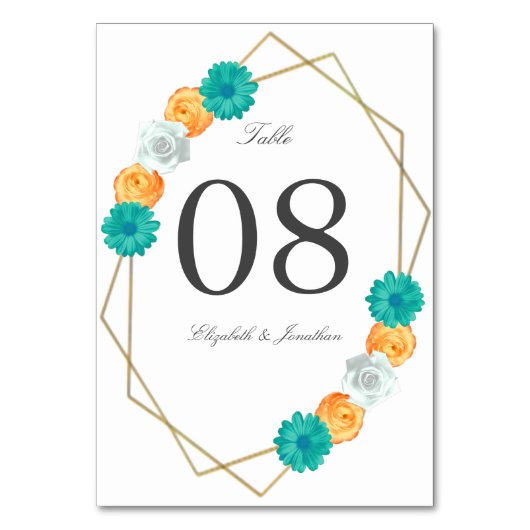 Orange Aquamarin Floral Geometric Wedding Tischnummer (Vorderseite)