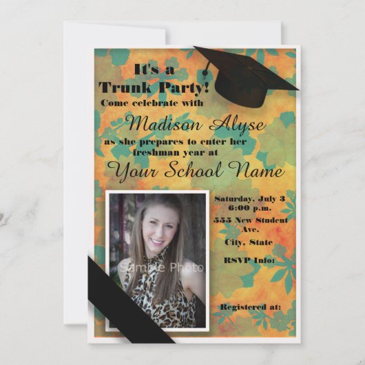 Orange Aquamarin Floral Trunk Uni Party Foto Einladung (Vorderseite)