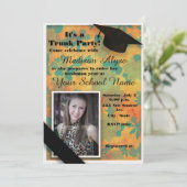 Orange Aquamarin Floral Trunk Uni Party Foto Einladung (Stehend Vorderseite)