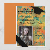Orange Aquamarin Floral Trunk Uni Party Foto Einladung (Vorne/Hinten)