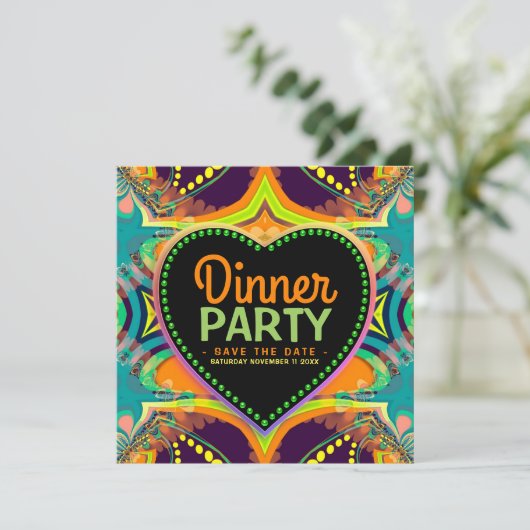 Orange Aquamarin Groovy Hippie Bohemisches ThemenP Save The Date (Stehend Vorderseite)