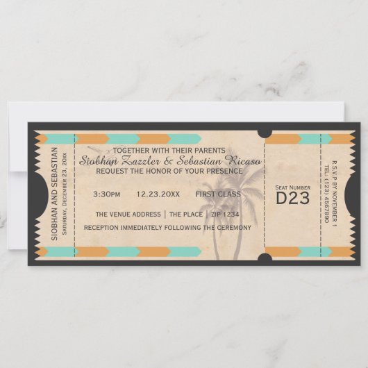Orange Aquamarin Palm Tree Boarding Pass Wedding T Einladung (Vorderseite)