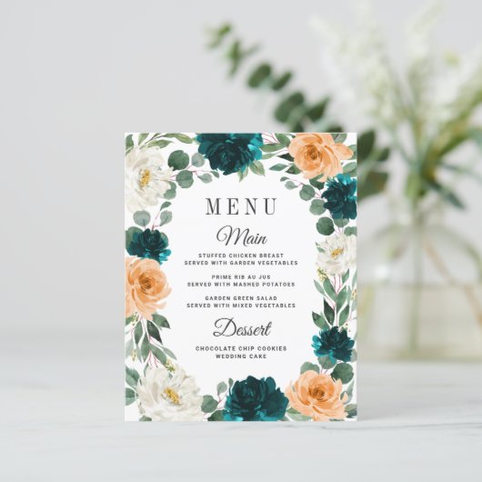 Orange Aquamarin Türkis Blue Boho Wedding Menu Car (Stehend Vorderseite)