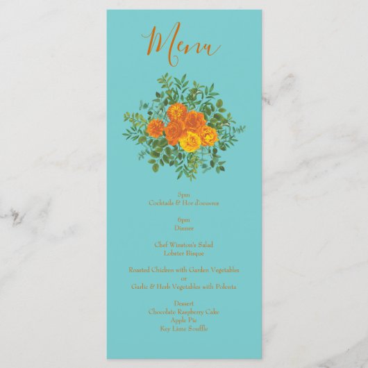 Orange & Aquamarine Aqua Peony & Rose Wedding Menu Menükarte (Vorderseite)