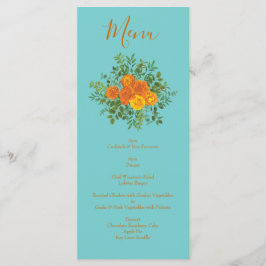 Orange & Aquamarine Aqua Peony & Rose Wedding Menu Menükarte