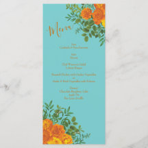 Orange & Aquamarine Aqua Peony & Rose Wedding Menu