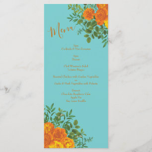 Orange & Aquamarine Aqua Peony & Rose Wedding Menu Menükarte