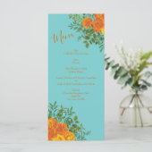 Orange & Aquamarine Aqua Peony & Rose Wedding Menu Menükarte (Stehend Vorderseite)