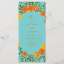 Orange & Aquamarine Aqua Peony & Rose Wedding Menu