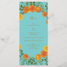 Orange & Aquamarine Aqua Peony & Rose Wedding Menu Menükarte