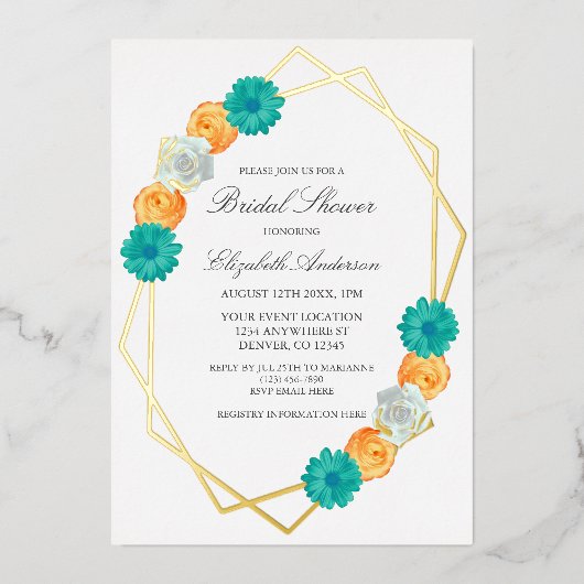 Orange Aquamarines Brautparty mit geometrischer St Folieneinladung (Vorderseite)