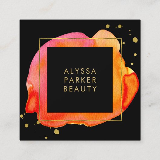 Orange Aquarell-Spritzen auf Schwarzem mit Gold Quadratische Visitenkarte (Vorderseite)